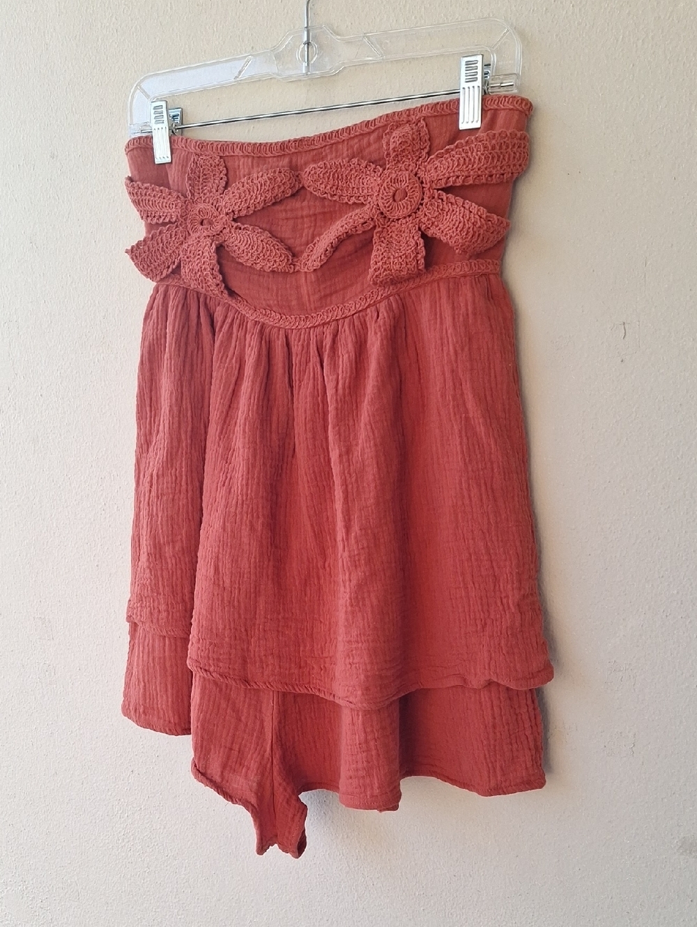 Promesa Lace Yourself Crochet Trim Crinkle Cotton Romper Size S - Picture 3 of 9